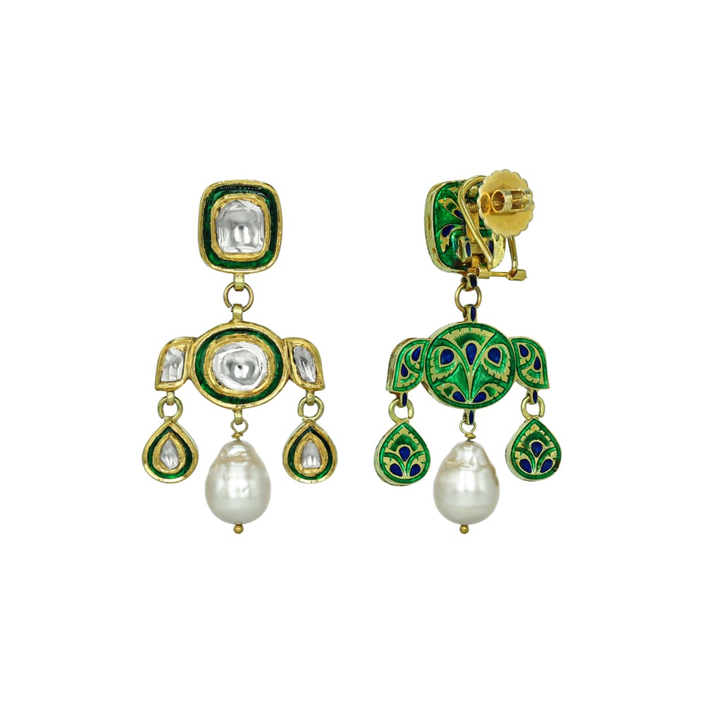 Polki Earrings with Green Enamel, Teardrops, and Pearl Drops
